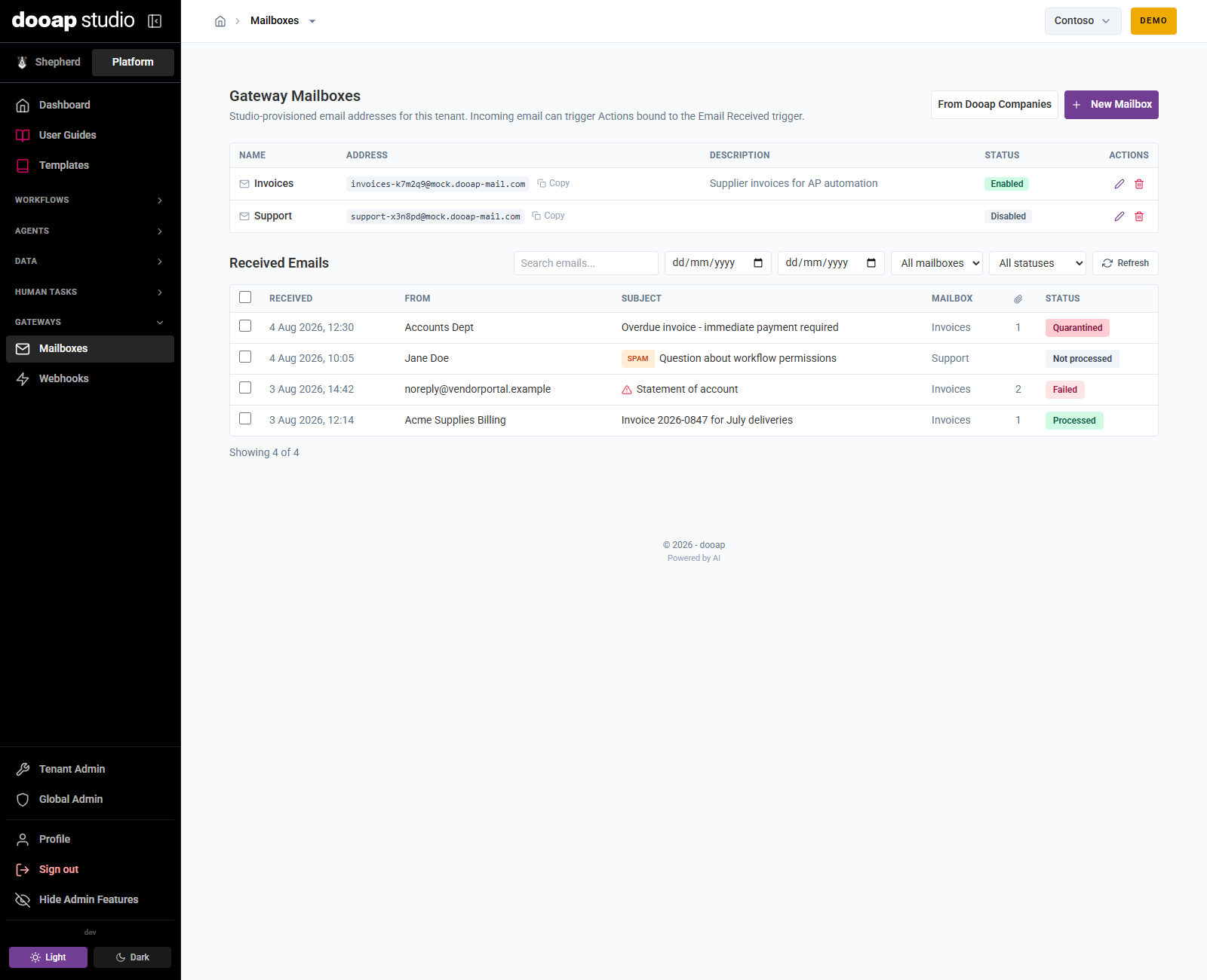 Gateway Mailboxes in Dooap Studio with the received emails list
